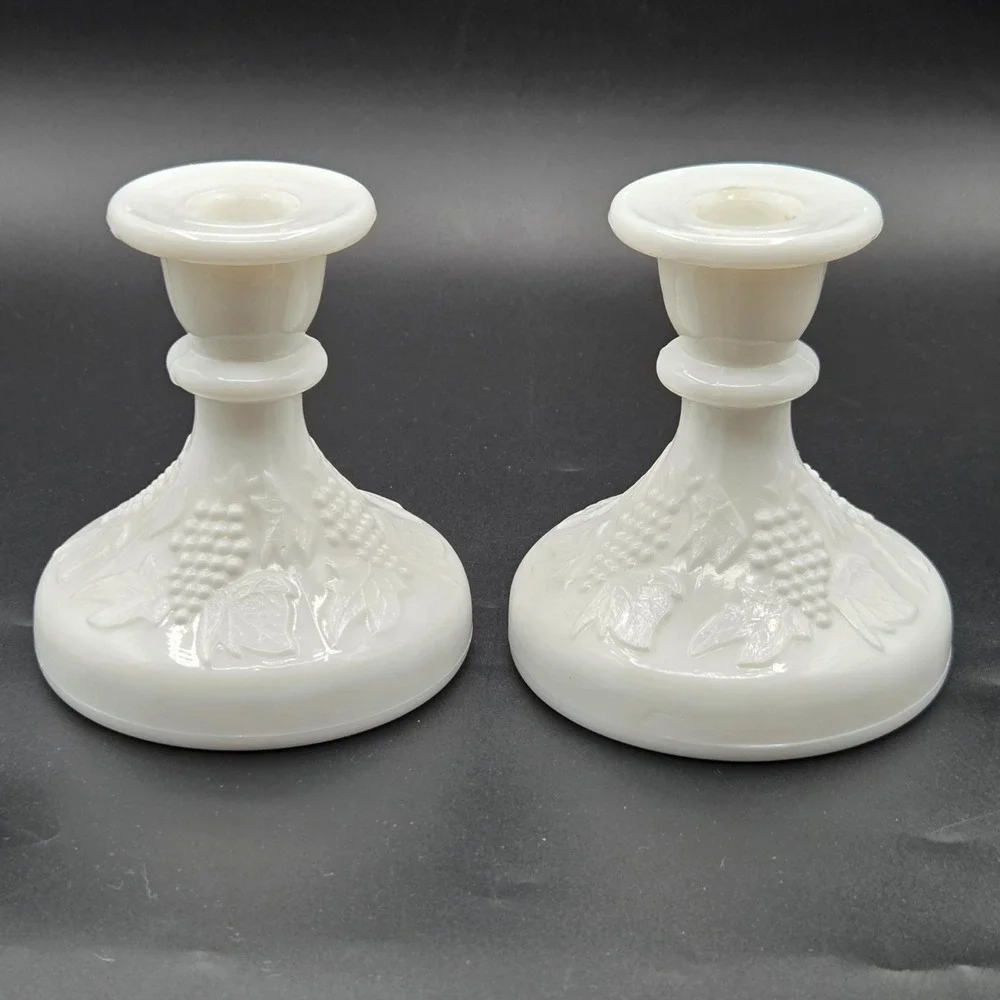 Pair Milk Glass Candle Holders Grape & Leaf Pattern 4.5